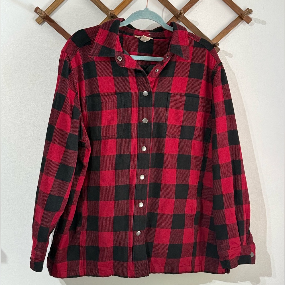 Duluth Trading Co “Free Swingin” buffalo plaid red& black fleece-lined jacket XL